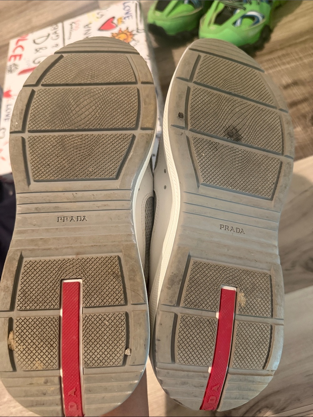 Authentic Prada White & Gray Mesh Leather Sneakers with Red Tongue Logo - Picture 5 of 5